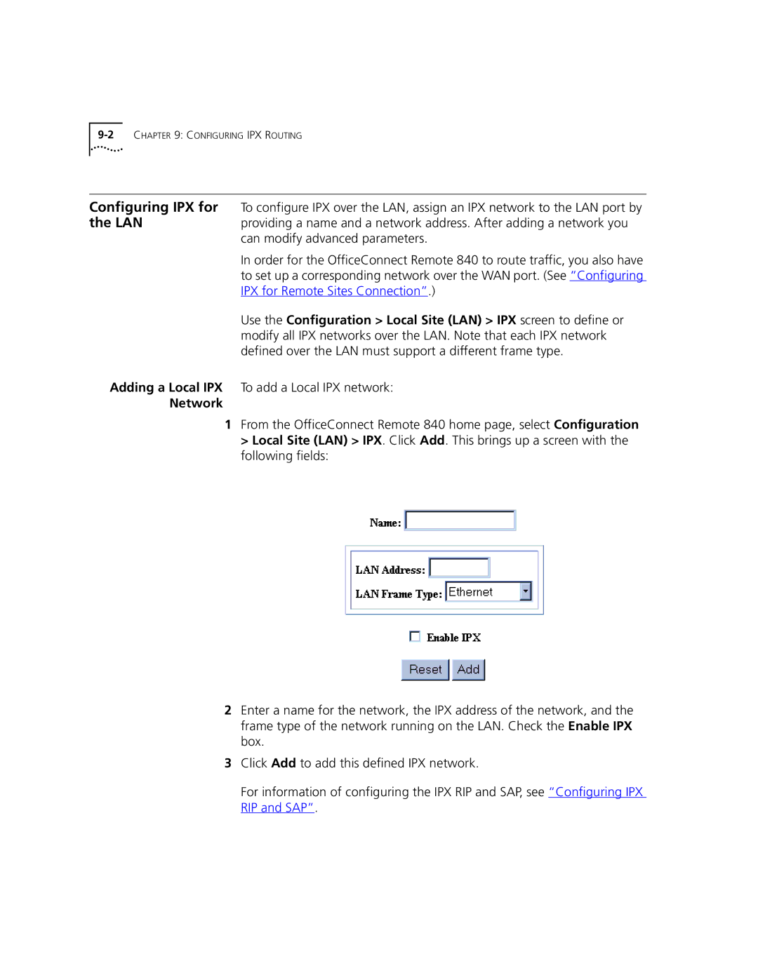 3Com 3C840 manual Adding a Local IPX To add a Local IPX network, Network 