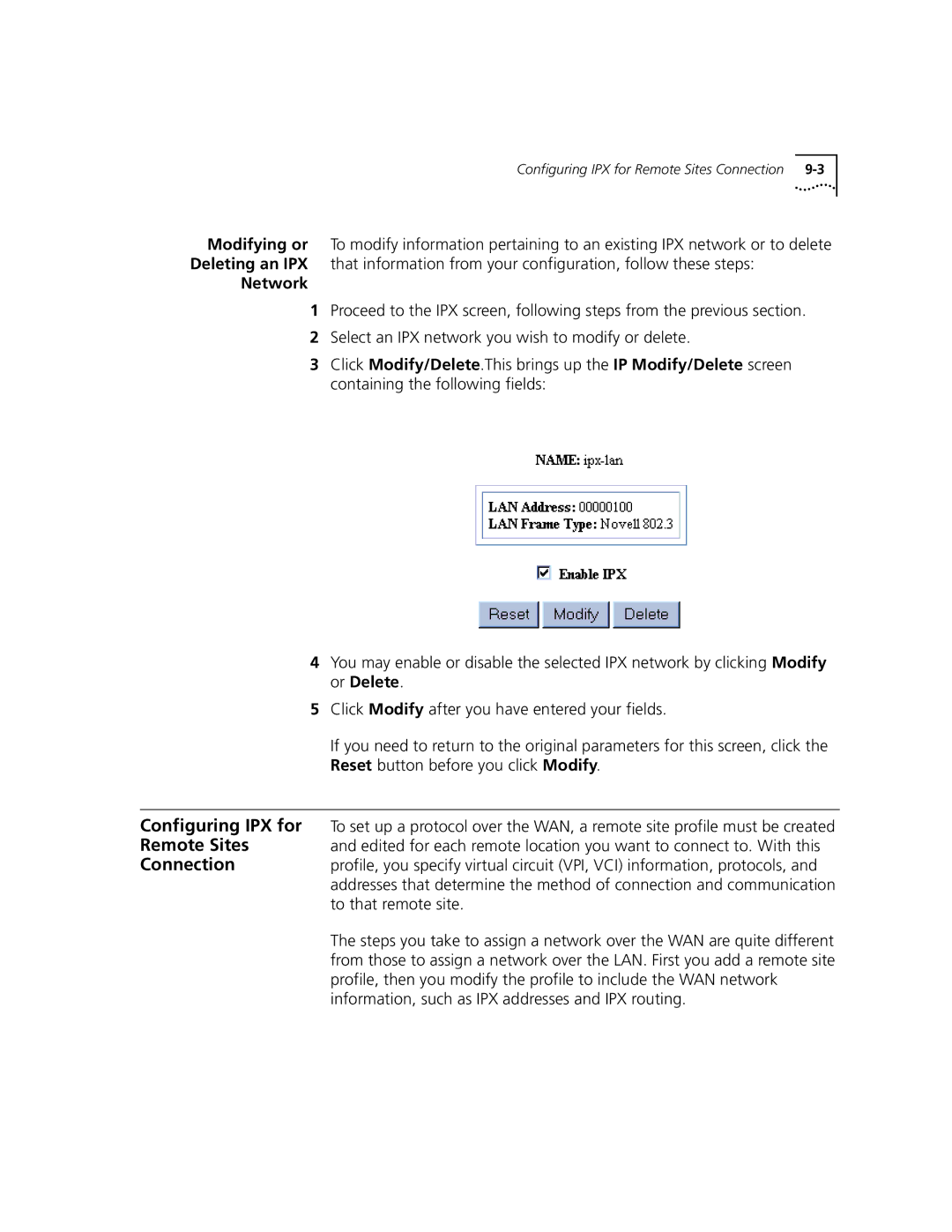 3Com 3C840 manual Configuring IPX for, Remote Sites, Information, such as IPX addresses and IPX routing 