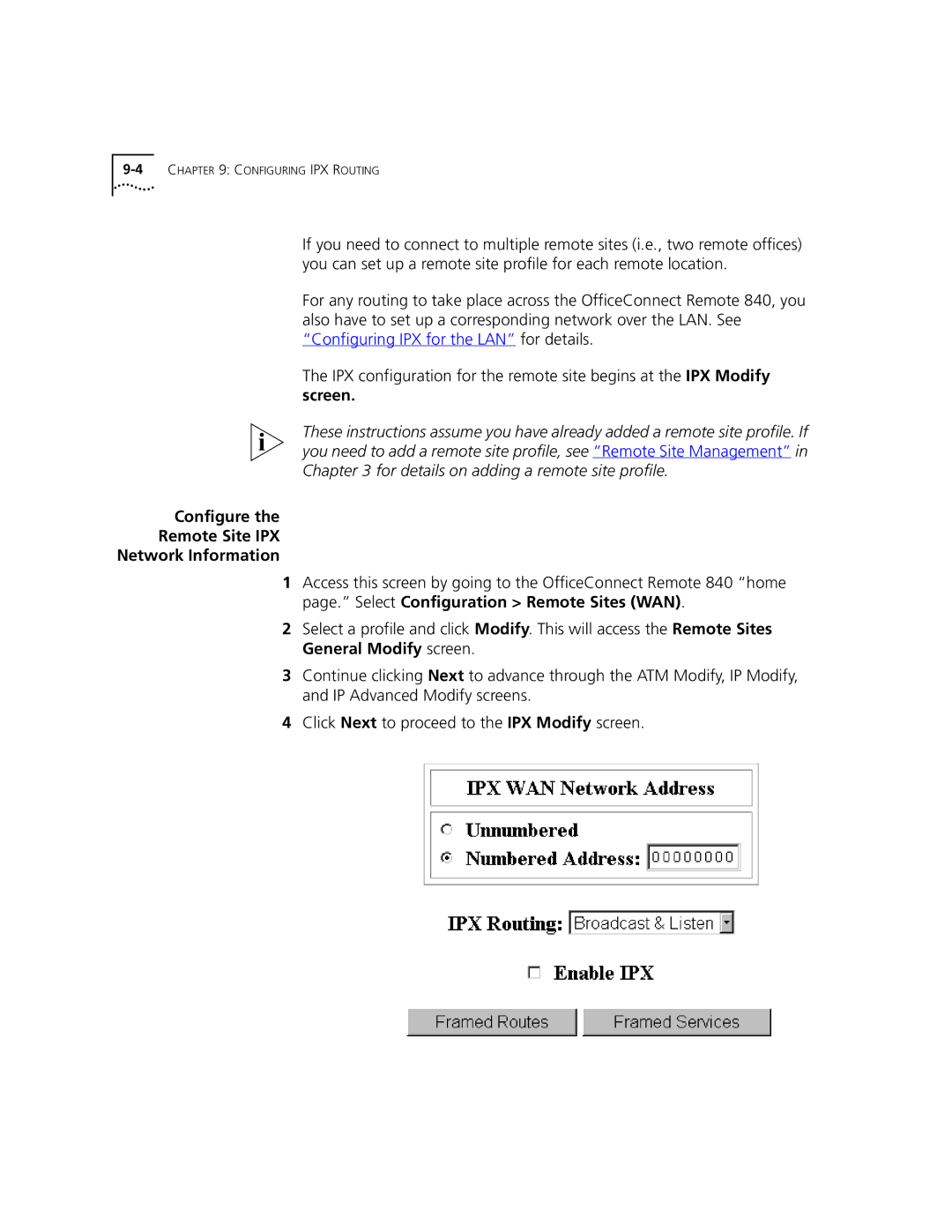 3Com 3C840 manual Configure Remote Site IPX Network Information 