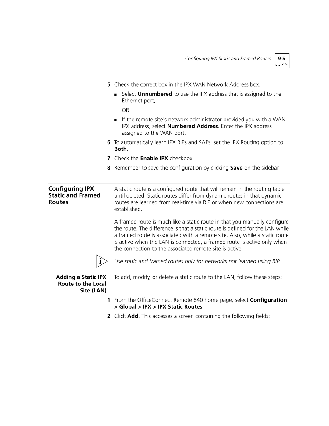 3Com 3C840 manual Configuring IPX, Both, Check the Enable IPX checkbox, Established, Route to the Local Site LAN 