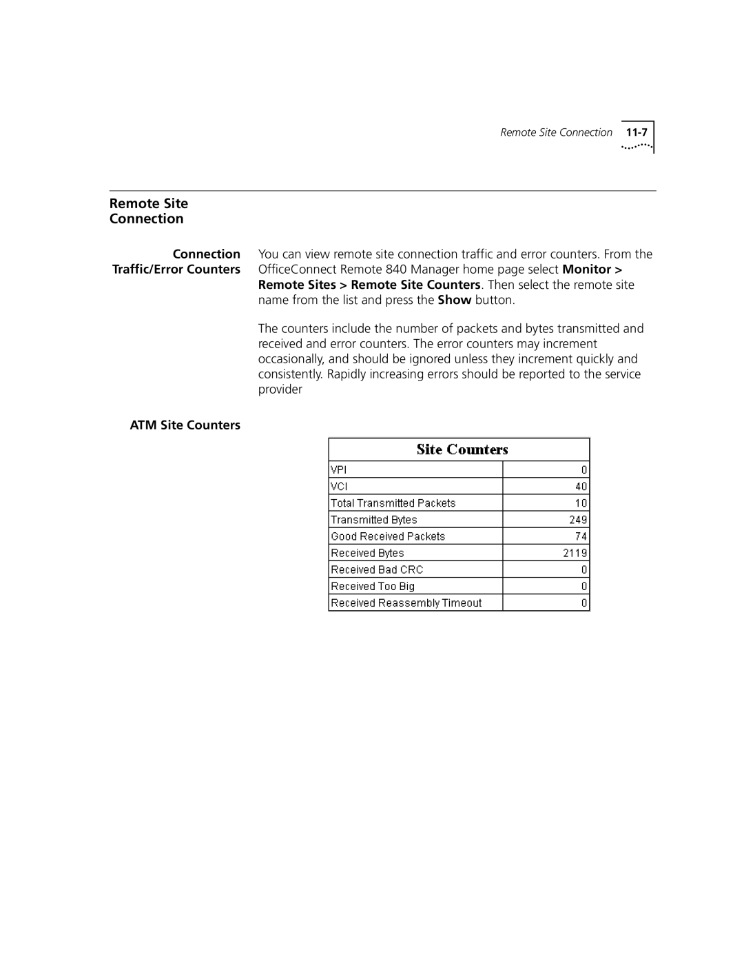 3Com 3C840 manual Remote Site Connection, ATM Site Counters 