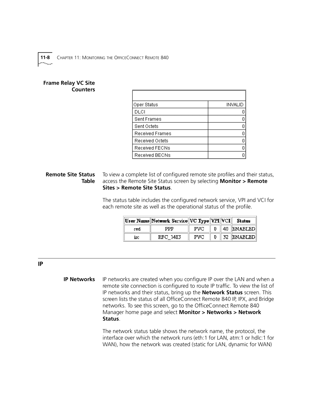 3Com 3C840 manual Frame Relay VC Site Counters, Sites Remote Site Status 