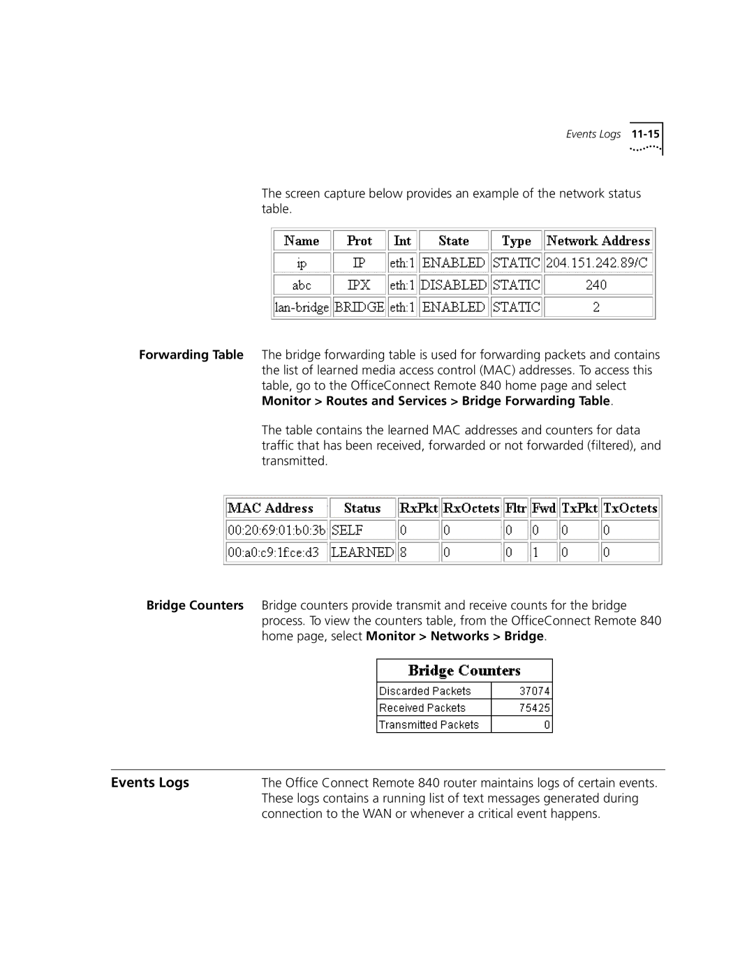 3Com 3C840 manual Events Logs, Connection to the WAN or whenever a critical event happens 