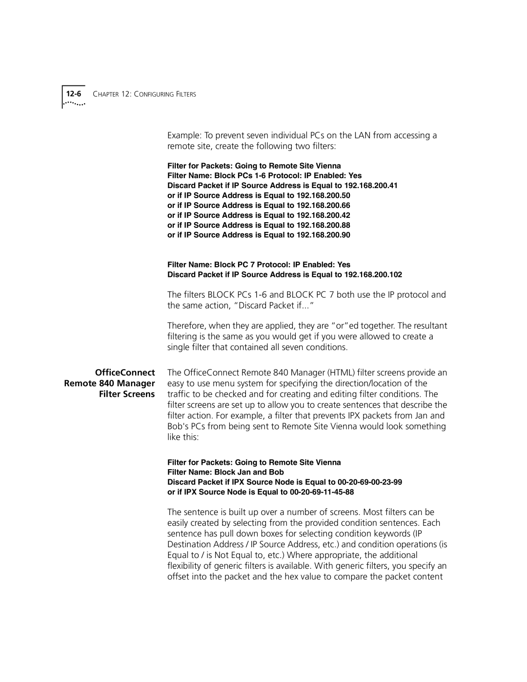 3Com 3C840 manual 12-6CHAPTER 12 Configuring Filters 