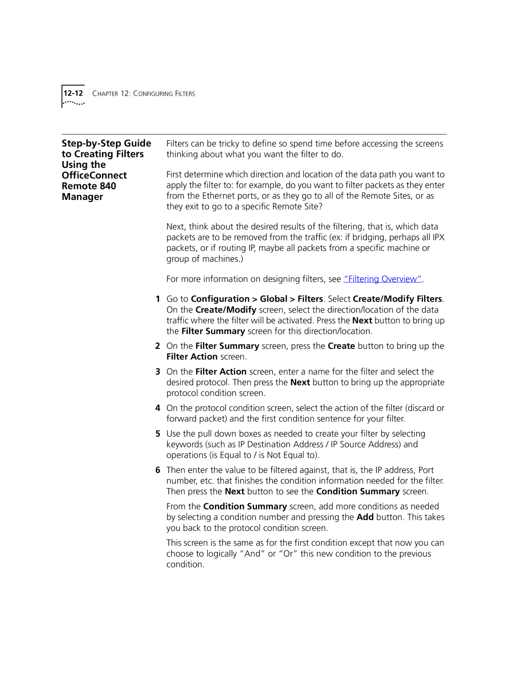 3Com 3C840 manual 12-12CHAPTER 12 Configuring Filters 