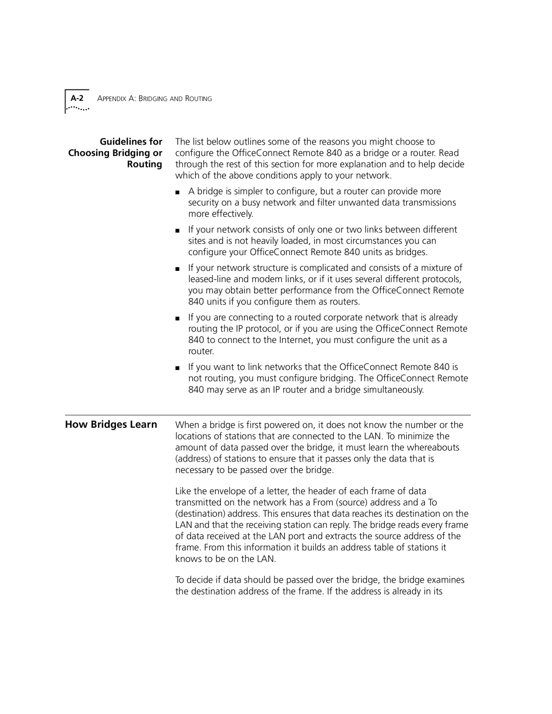 3Com 3C840 manual 2APPENDIX a Bridging and Routing 