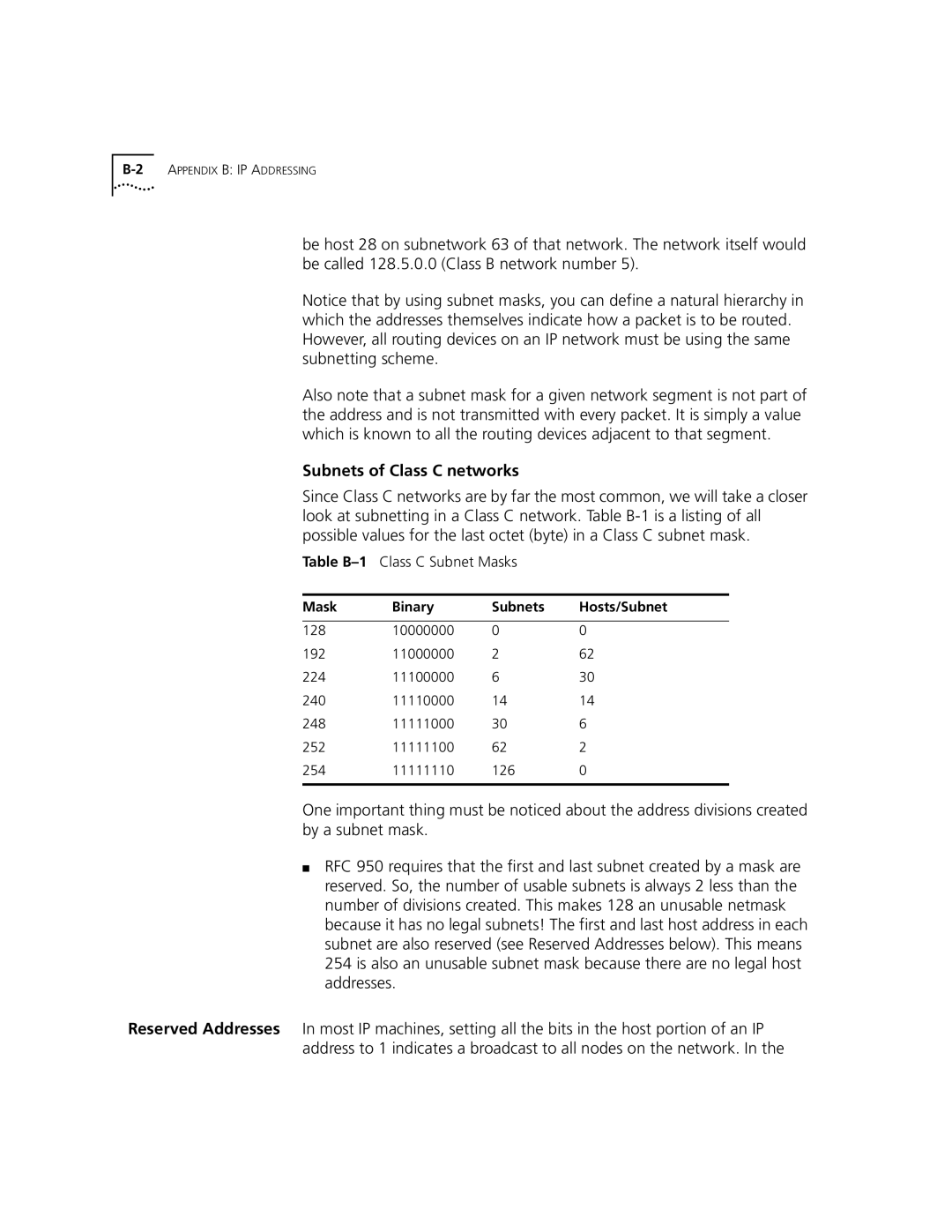 3Com 3C840 manual Subnets of Class C networks, Mask Binary Subnets Hosts/Subnet 