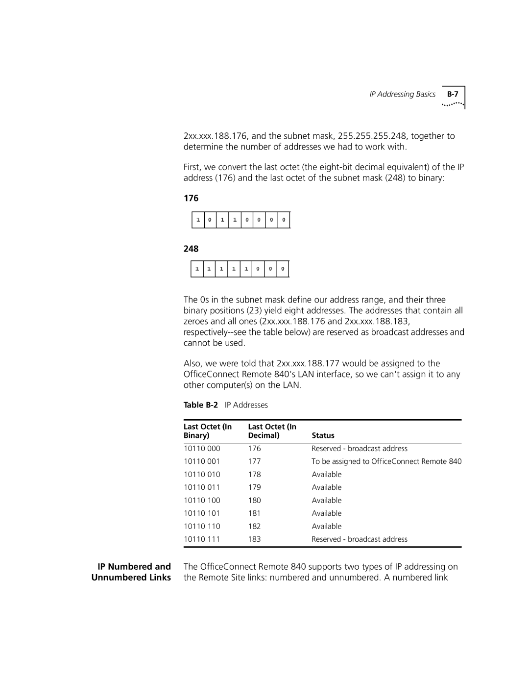 3Com 3C840 manual 176 248, Table B-2IP Addresses 