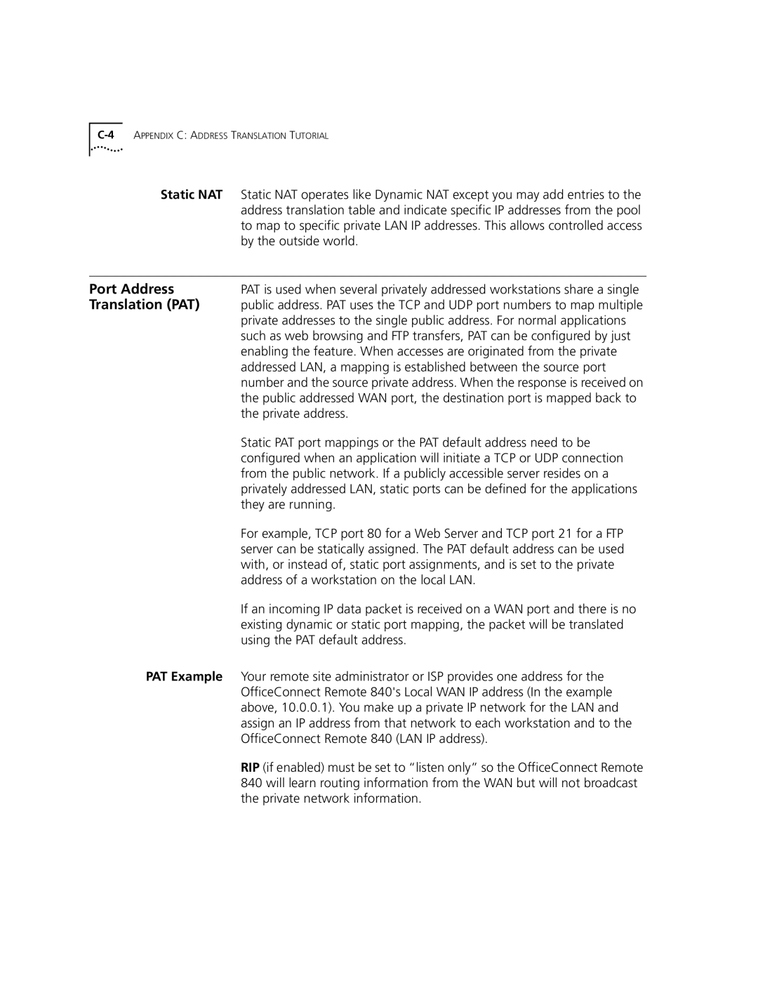 3Com 3C840 manual Port Address, Translation PAT, Static NAT, PAT Example 