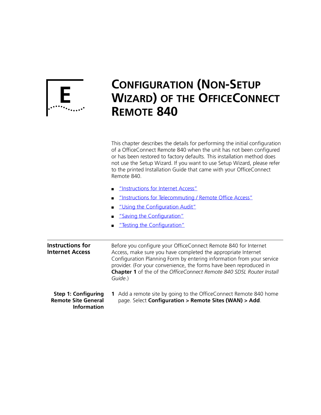 3Com 3C840 manual Configuration NON -SETUP, Instructions for, Internet Access 