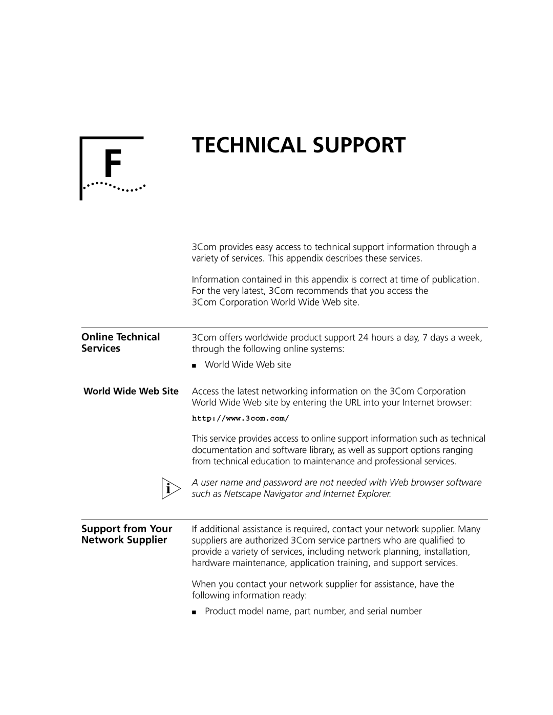 3Com 3C840 manual Online Technical, Support from Your, Network Supplier, World Wide Web Site 