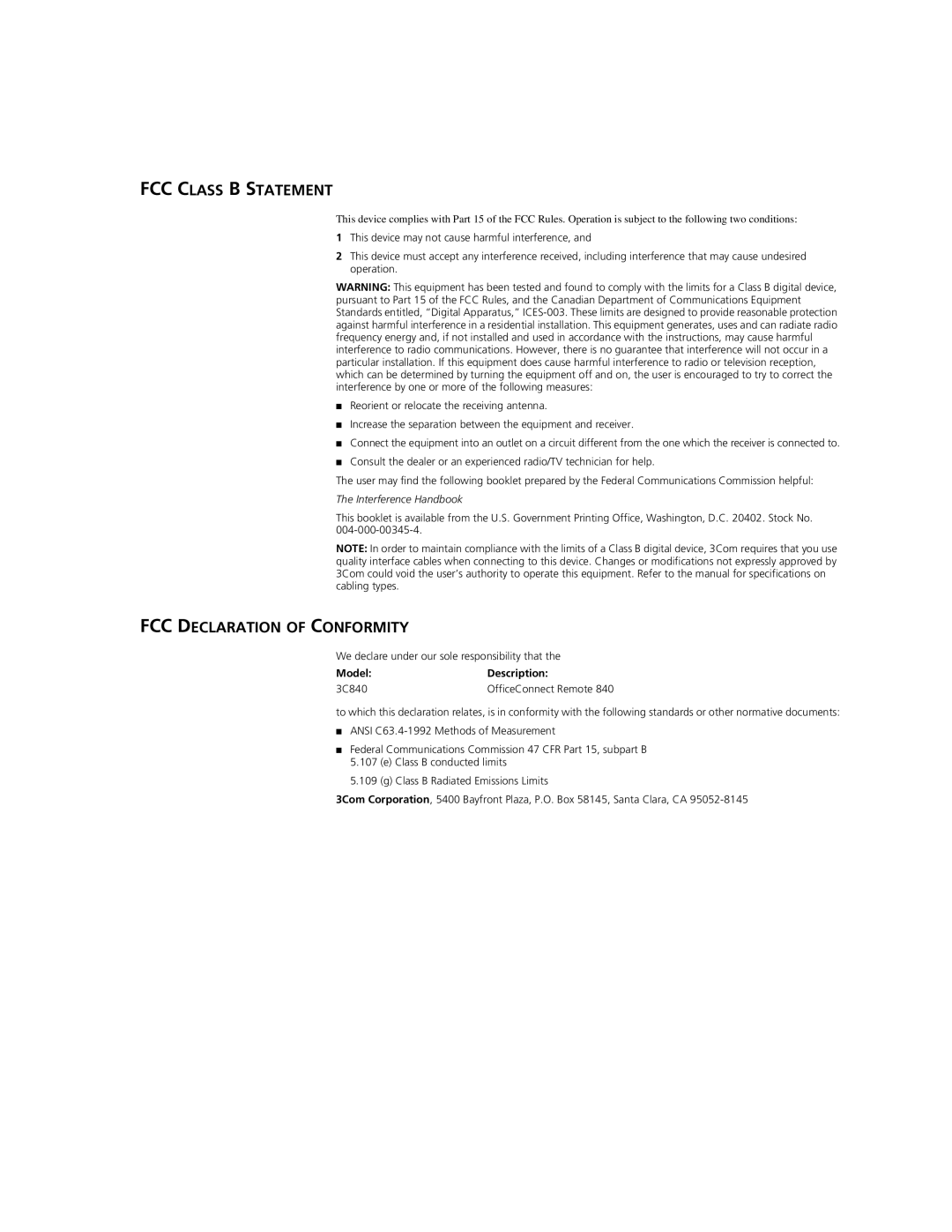 3Com 3C840 manual FCC Class B Statement 