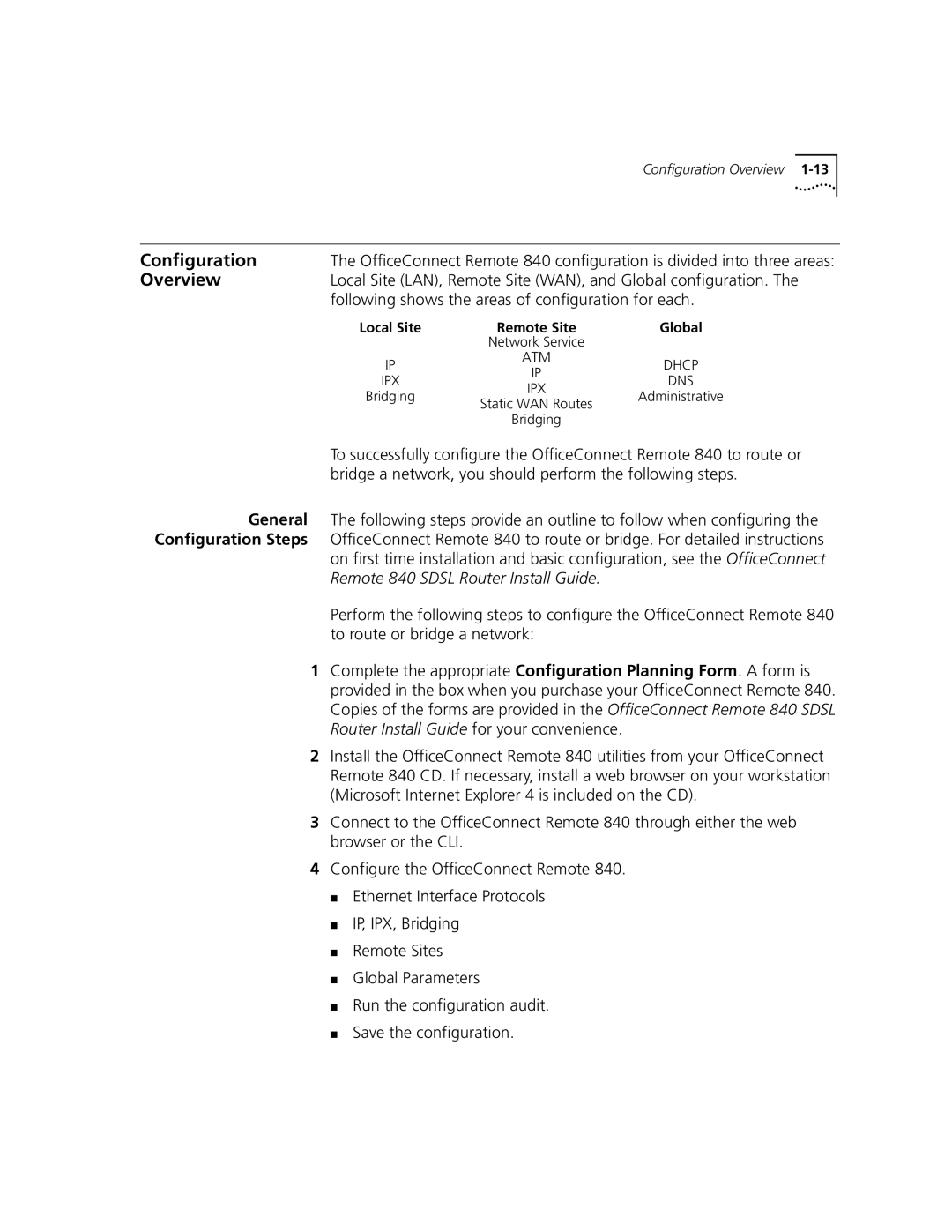 3Com 3C840 manual Configuration, Overview, Local Site LAN, Remote Site WAN, and Global configuration 