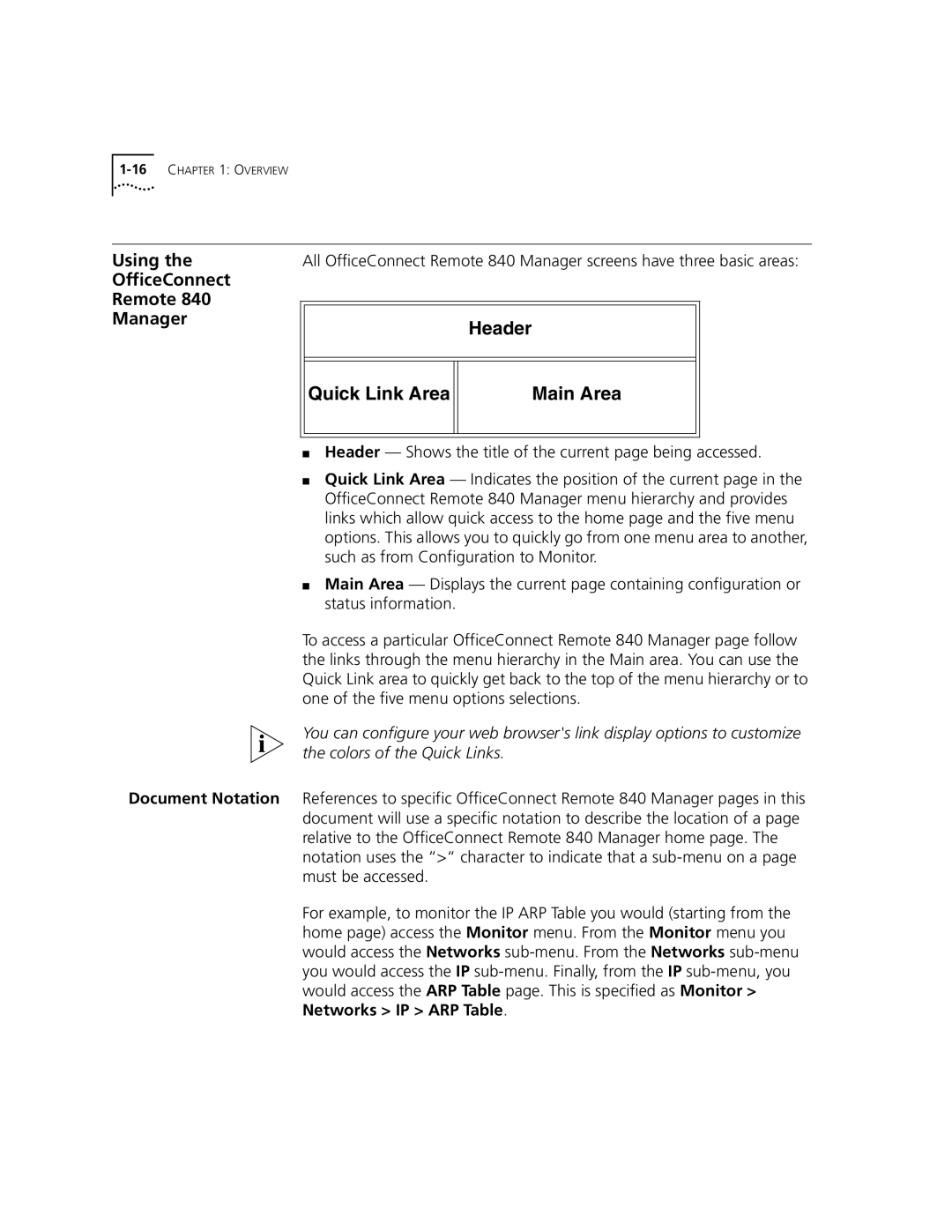 3Com 3C840 manual Header Quick Link Area Main Area, Using OfficeConnect Remote Manager 