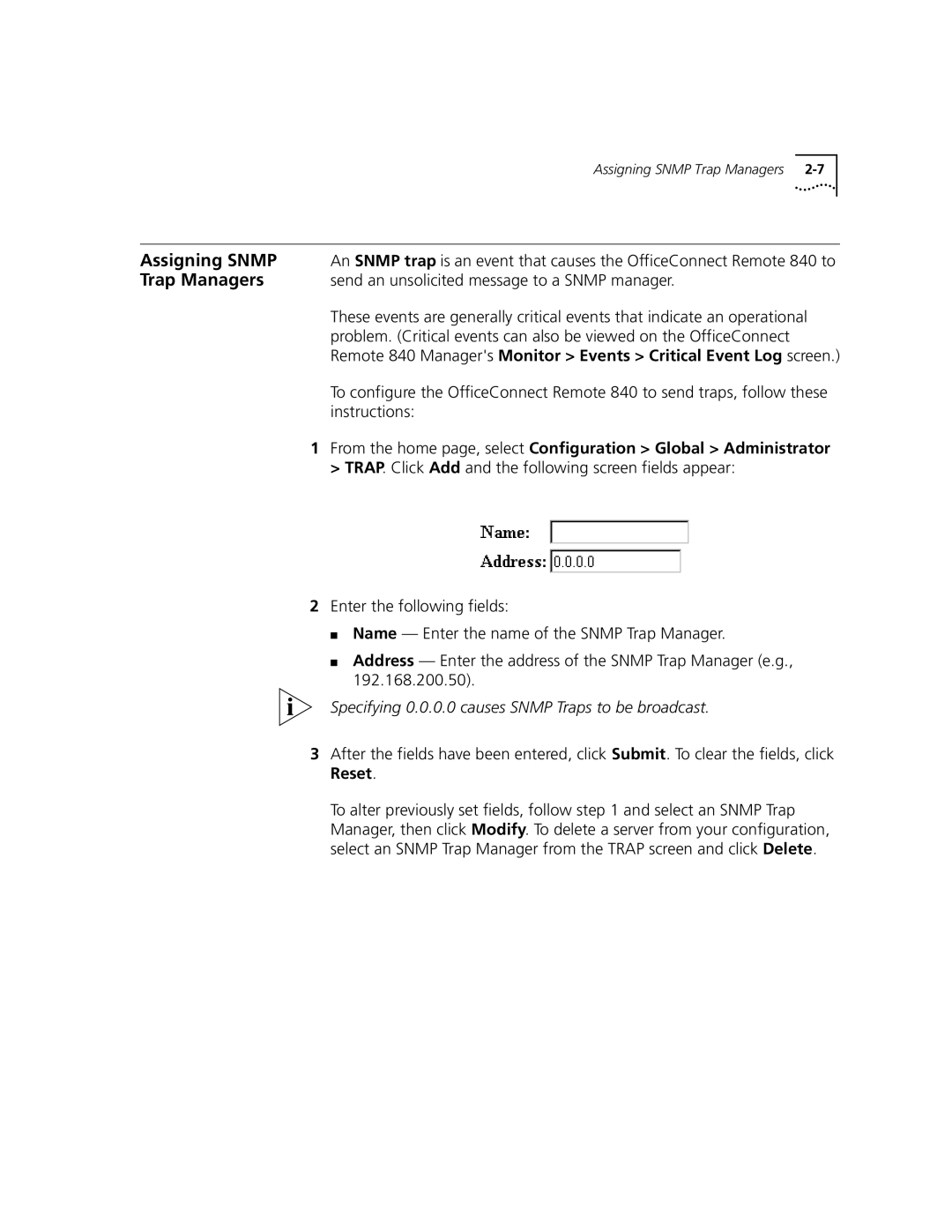 3Com 3C840 manual Assigning Snmp, Trap Managers, Send an unsolicited message to a Snmp manager, Instructions 