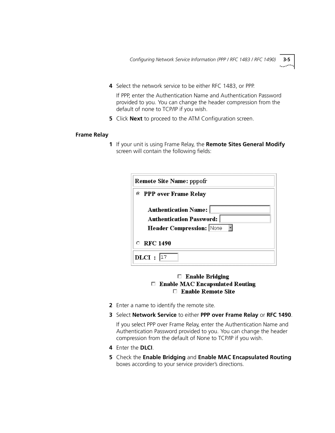 3Com 3C840 manual Select Network Service to either PPP over Frame Relay or RFC 