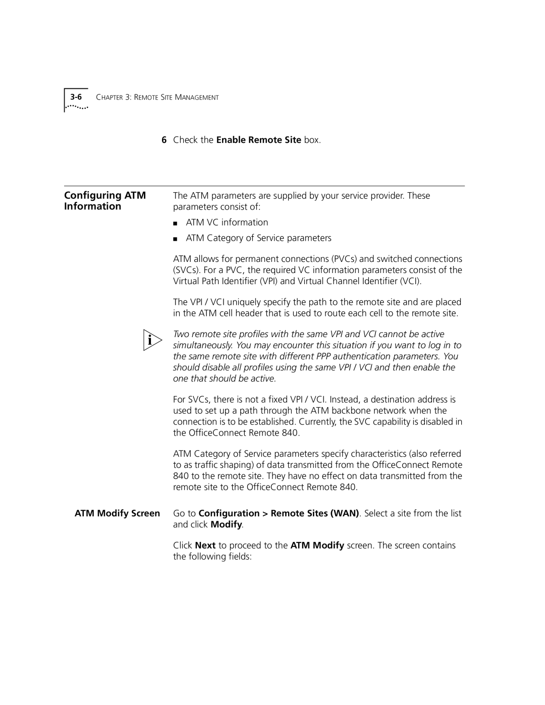 3Com 3C840 manual Configuring ATM, Information, Check the Enable Remote Site box, ATM Modify Screen 