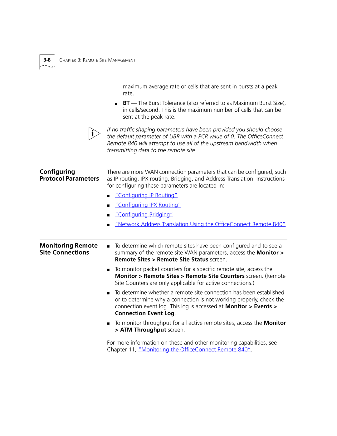 3Com 3C840 Configuring, Protocol Parameters, Monitoring Remote, Site Connections, Remote Sites Remote Site Status screen 