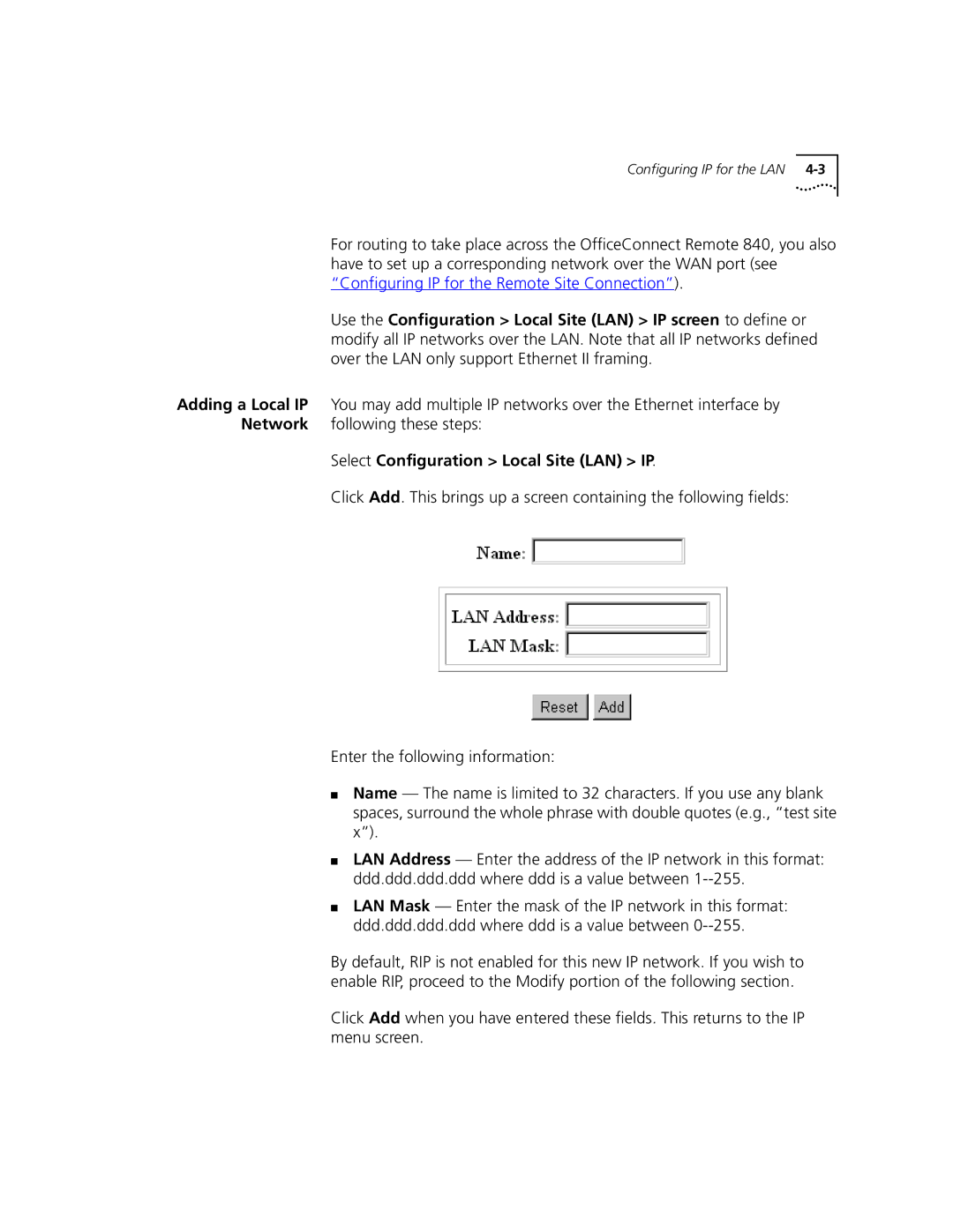 3Com 3C840 manual Select Configuration Local Site LAN IP 