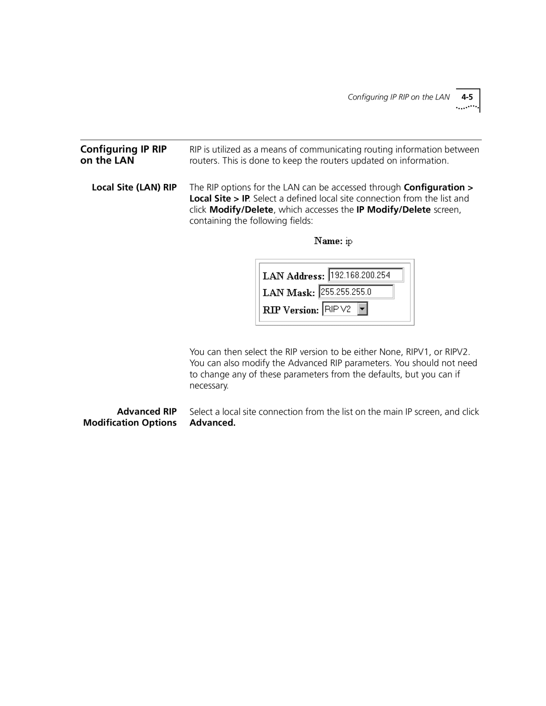 3Com 3C840 manual Configuring IP RIP, On the LAN, Necessary, Advanced RIP 