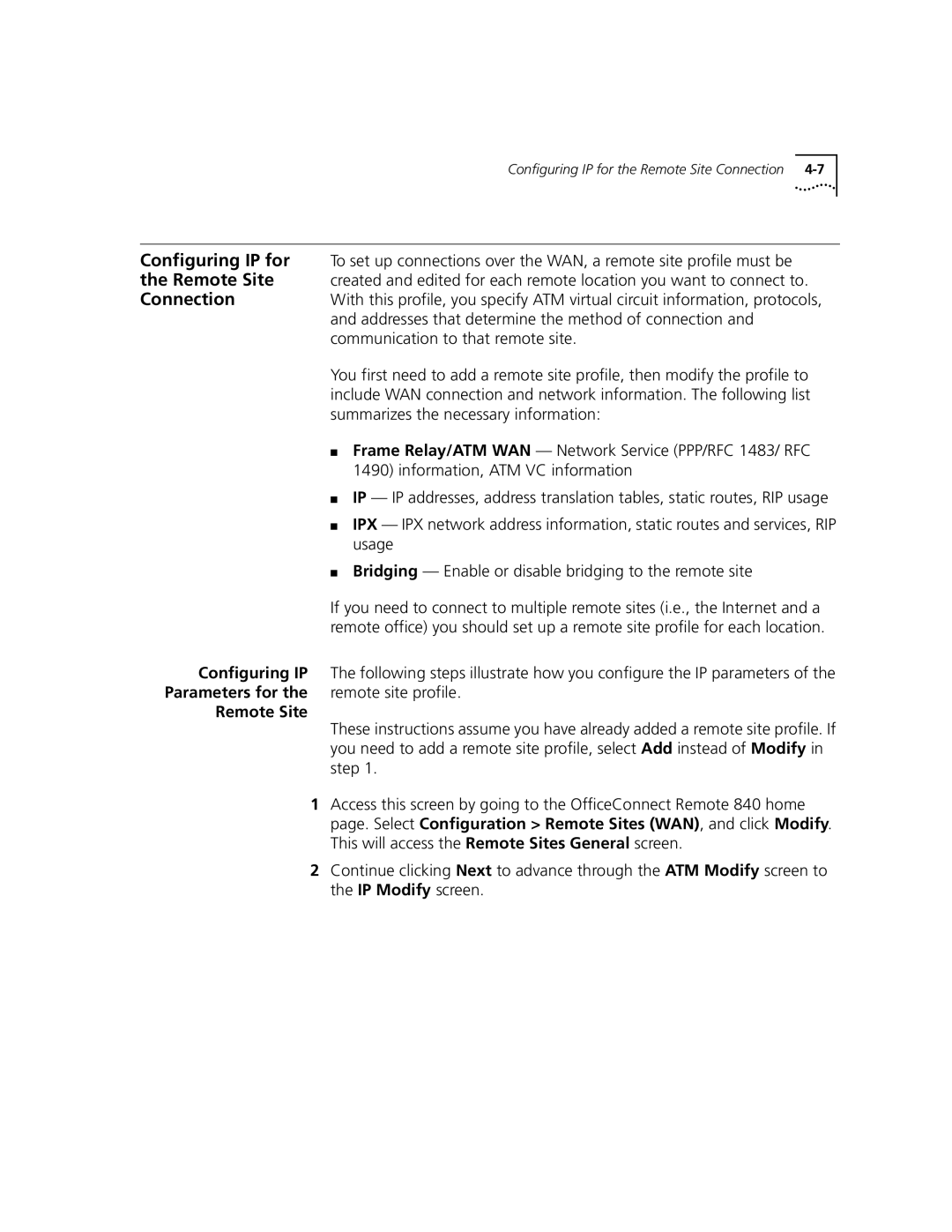 3Com 3C840 manual Configuring IP for, Connection, Parameters for, Remote Site 