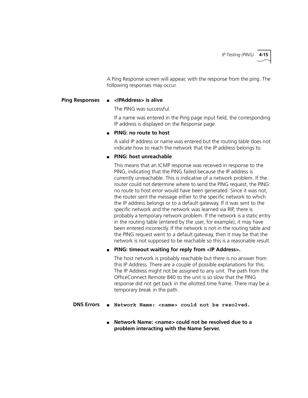 3Com 3C840 manual Ping Responses IPAddress is alive, Ping no route to host, Ping host unreachable 