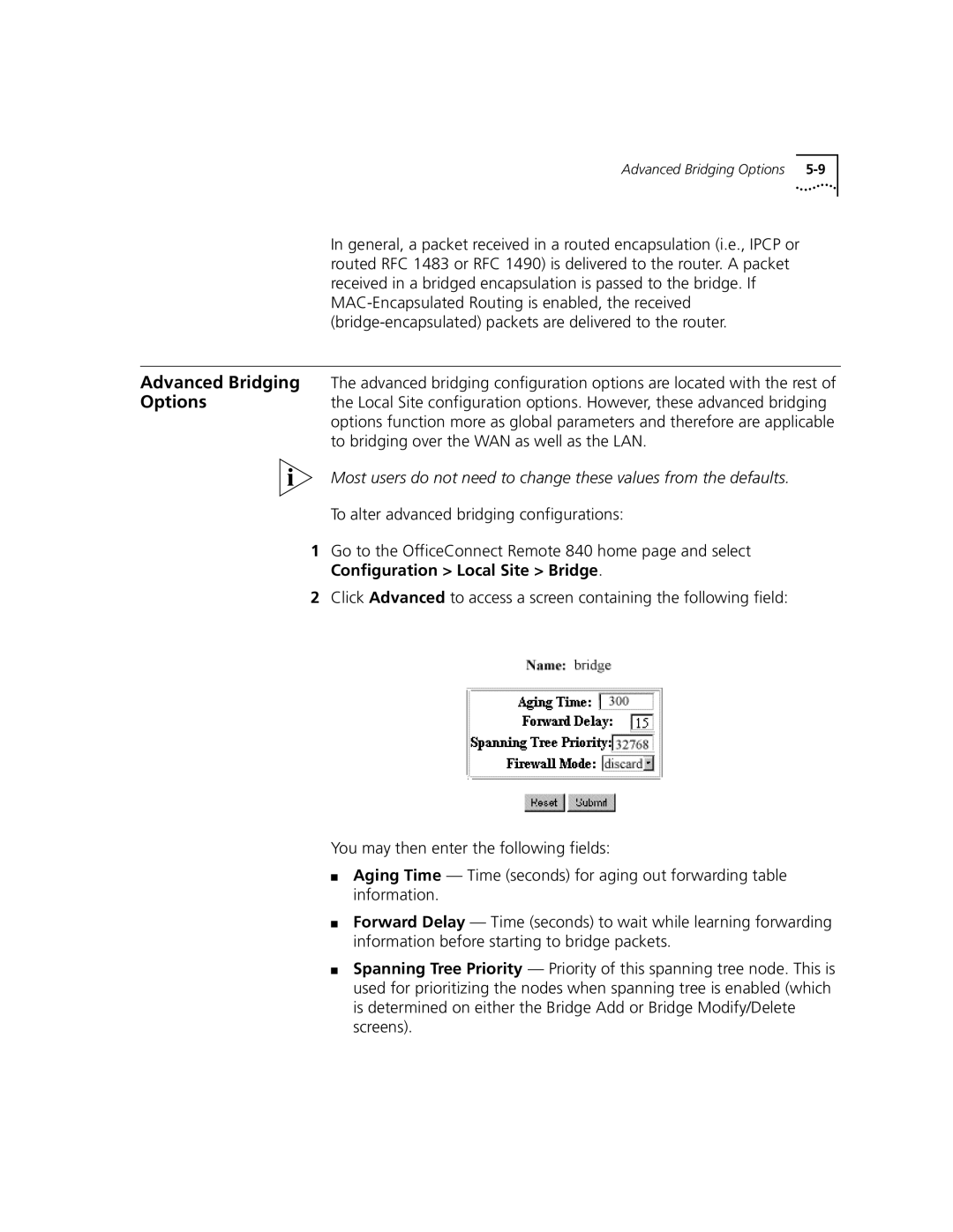 3Com 3C840 manual Advanced Bridging Options 