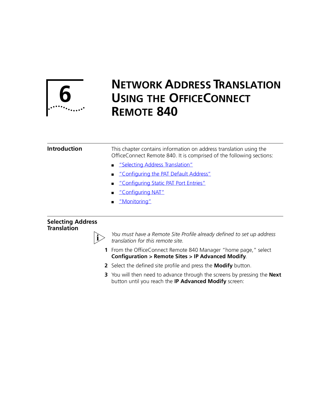 3Com 3C840 manual Network Address Translation Using the Officeconnect Remote, Selecting Address Translation 