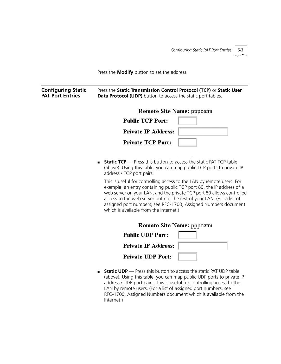 3Com 3C840 manual Configuring Static, PAT Port Entries, Press the Modify button to set the address 