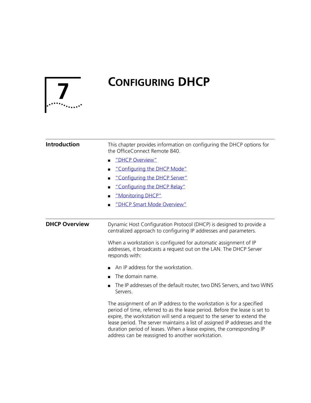 3Com 3C840 manual Configuring Dhcp, Dhcp Overview, Responds with, An IP address for the workstation, Domain name 