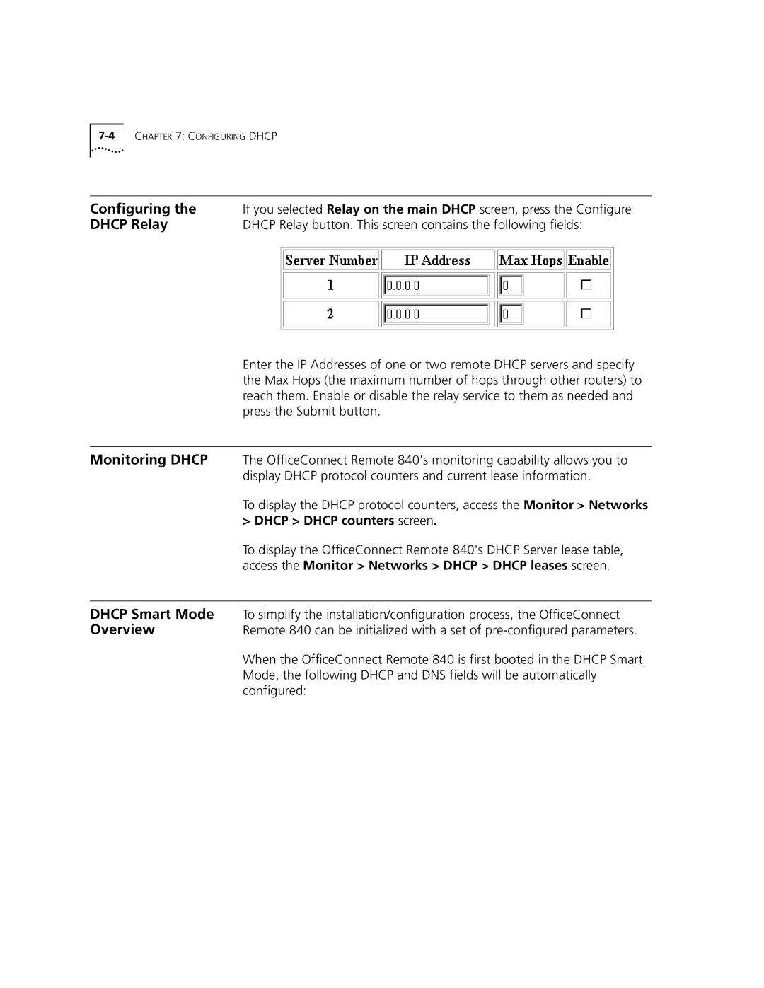 3Com 3C840 manual Dhcp Relay, Monitoring Dhcp, Dhcp Smart Mode, Dhcp Dhcp counters screen 