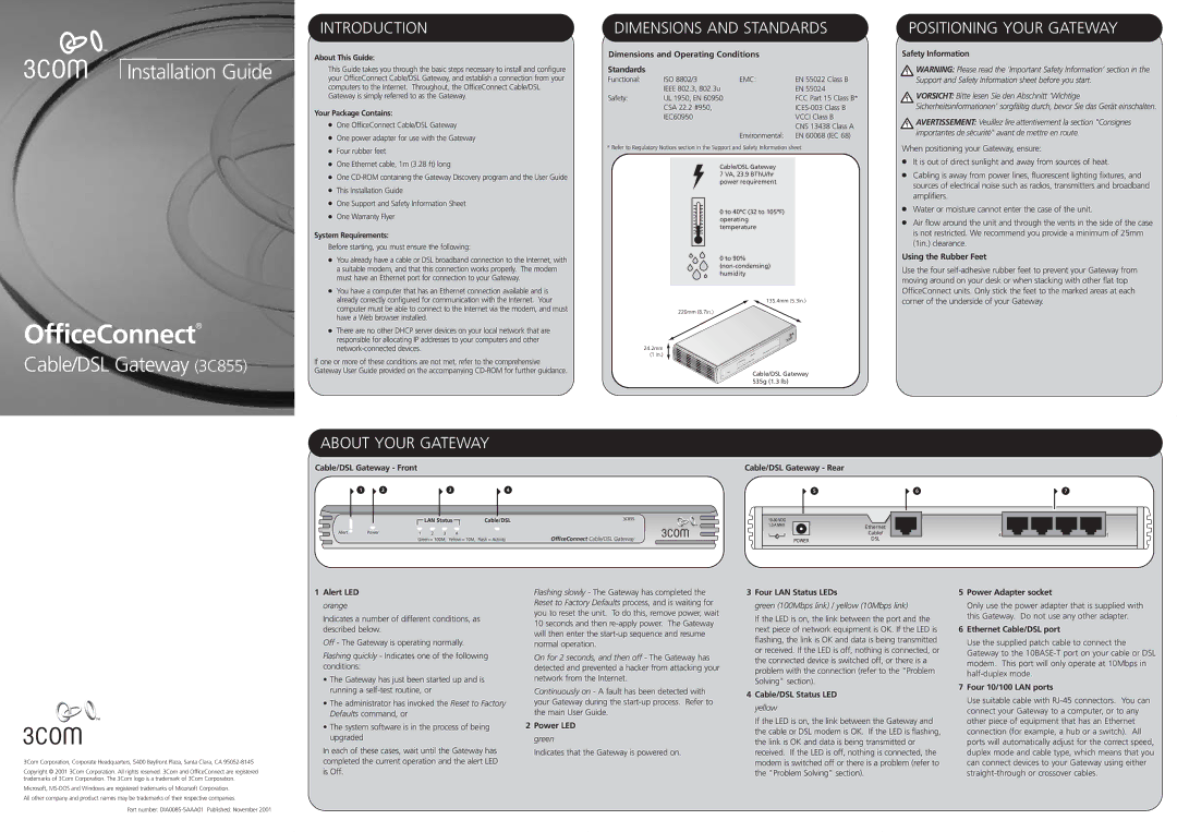 3Com 3C855 dimensions Introduction, Dimensions and Standards, Positioning Your Gateway, About Your Gateway 