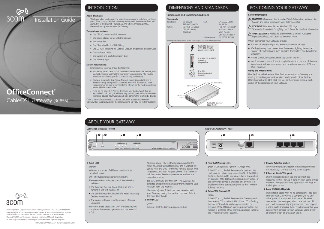 3Com 3C855 dimensions Introduction, Dimensions and Standards, Positioning Your Gateway, About Your Gateway 