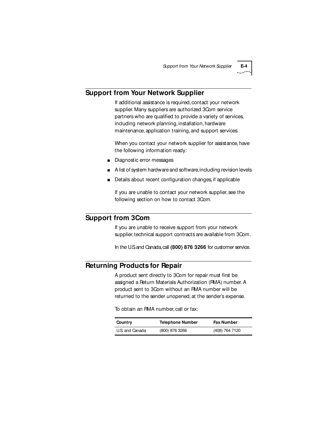 3Com 3C882 manual Support from Your Network Supplier, Support from 3Com, Returning Products for Repair 
