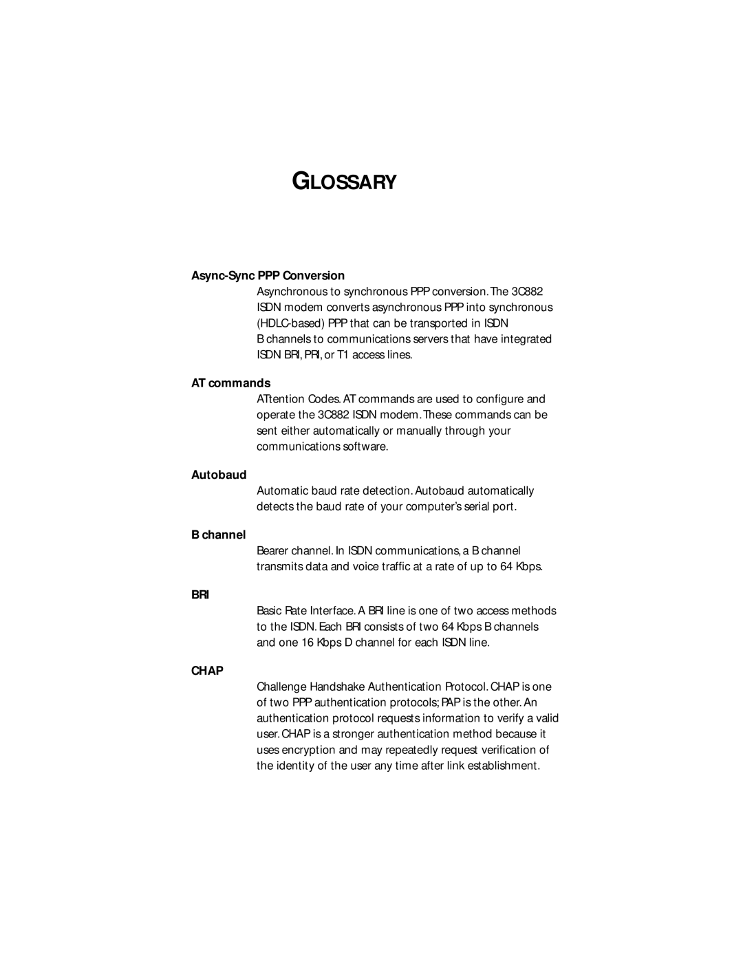 3Com 3C882 manual Glossary, Async-Sync PPP Conversion, Channel 