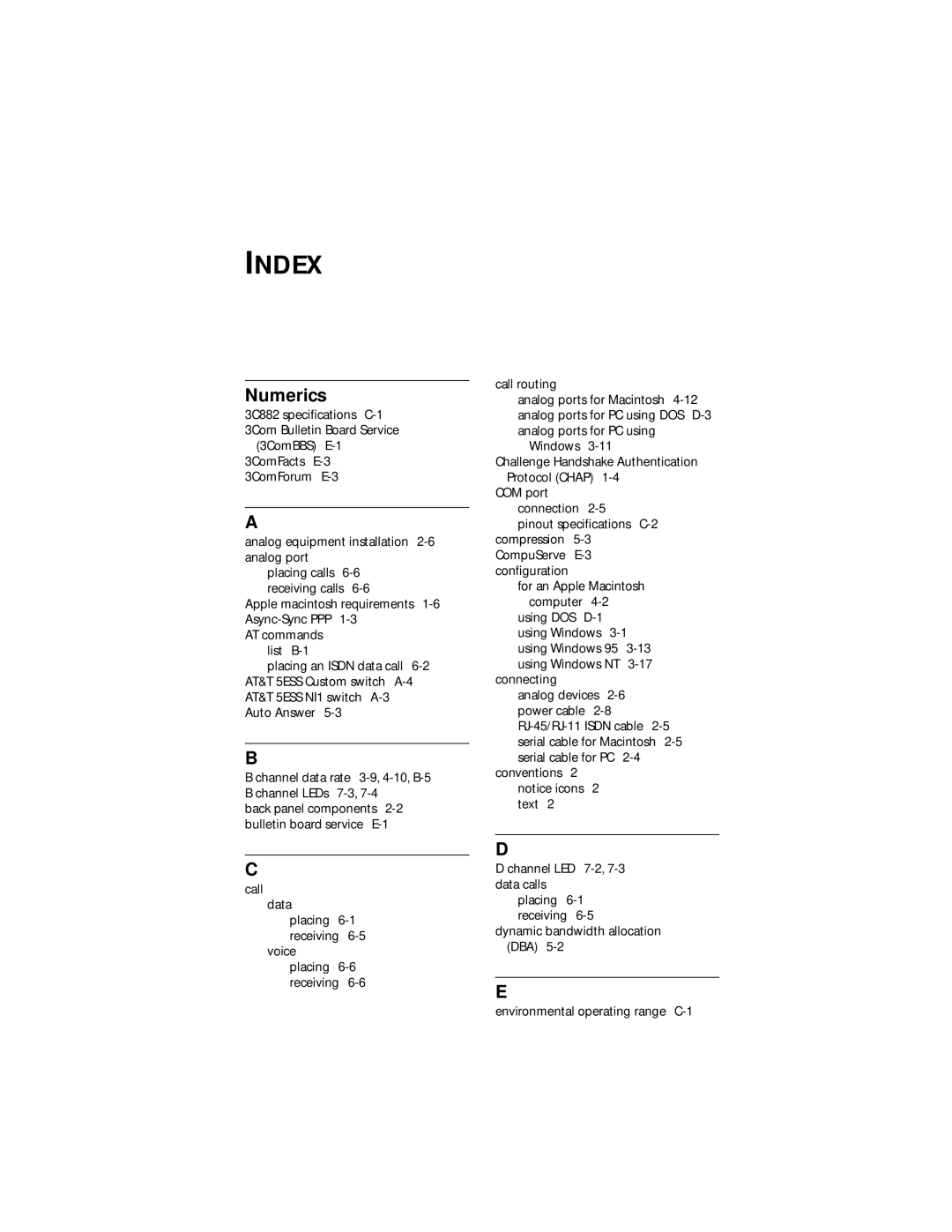 3Com 3C882 Index, Numerics, Analog equipment installation 2-6 analog port, Apple macintosh requirements 1-6 Async-Sync PPP 