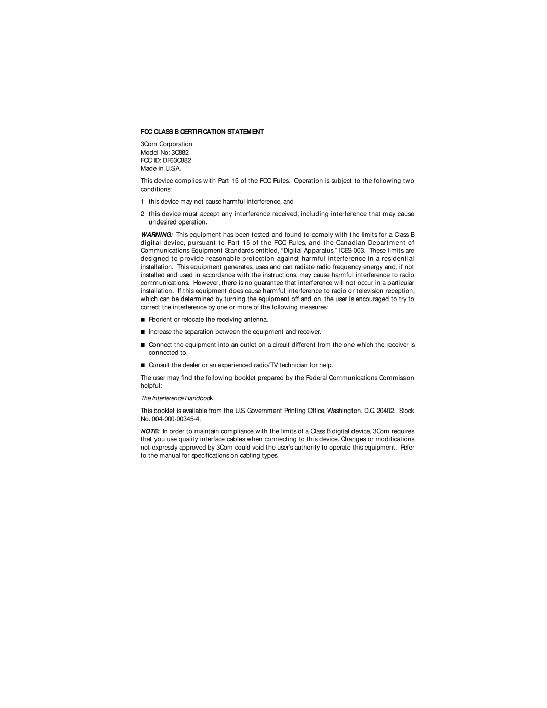 3Com 3C882 manual Interference Handbook 