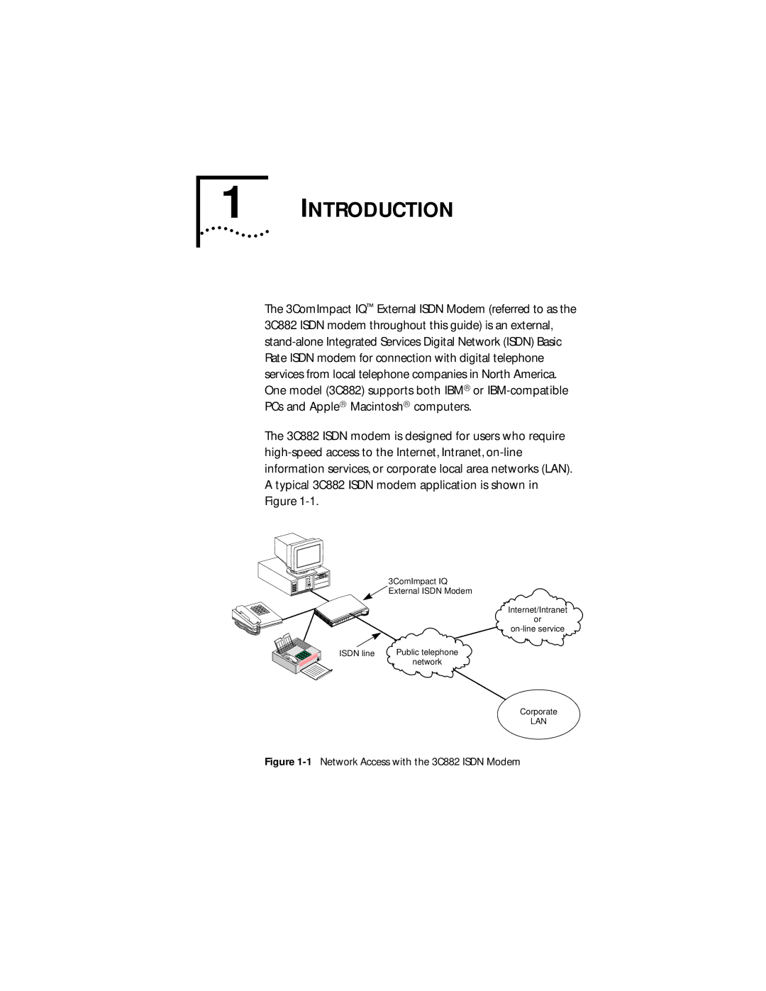 3Com manual Introduction, Network Access with the 3C882 Isdn Modem 