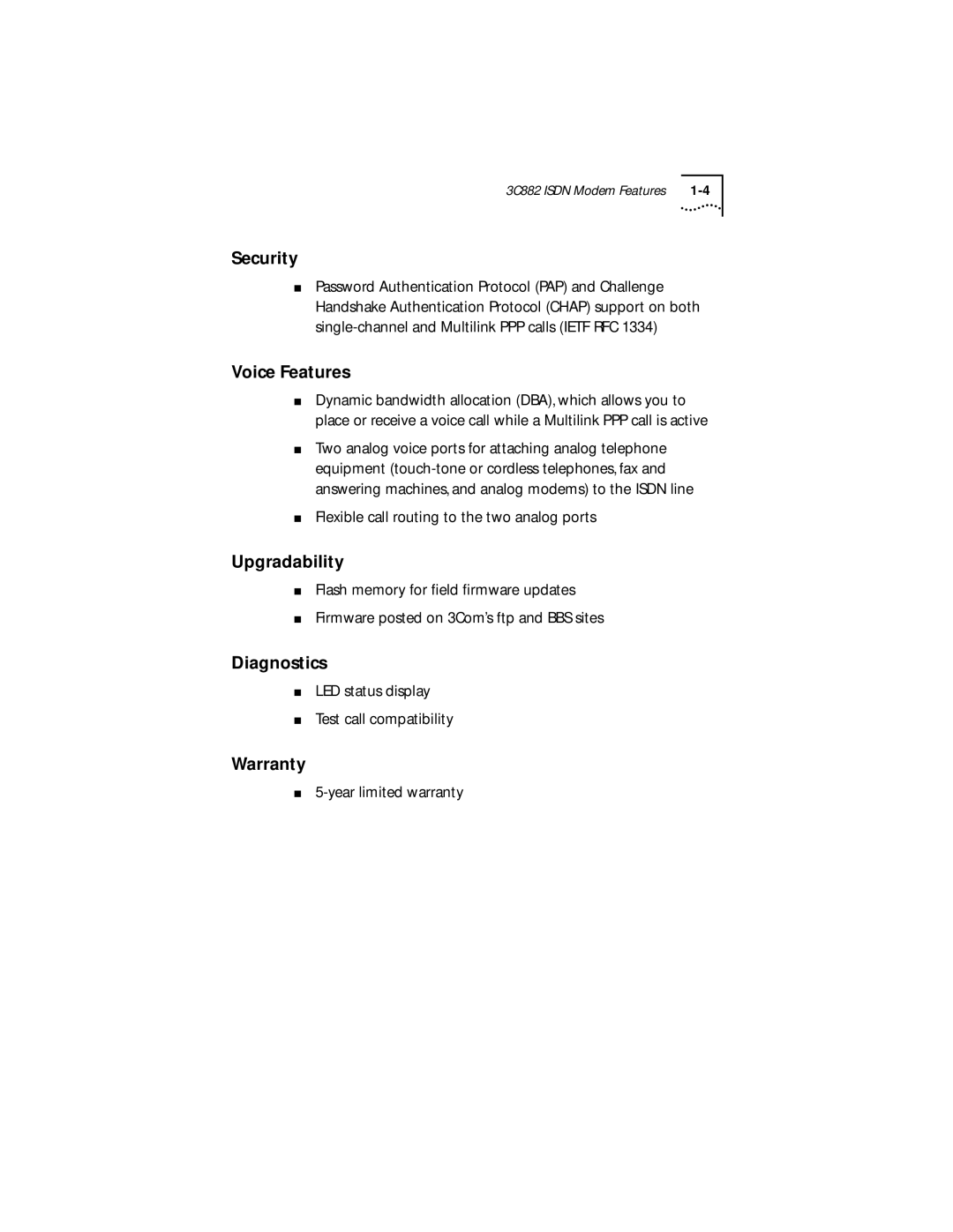 3Com 3C882 manual Security, Voice Features, Upgradability, Diagnostics, Warranty 