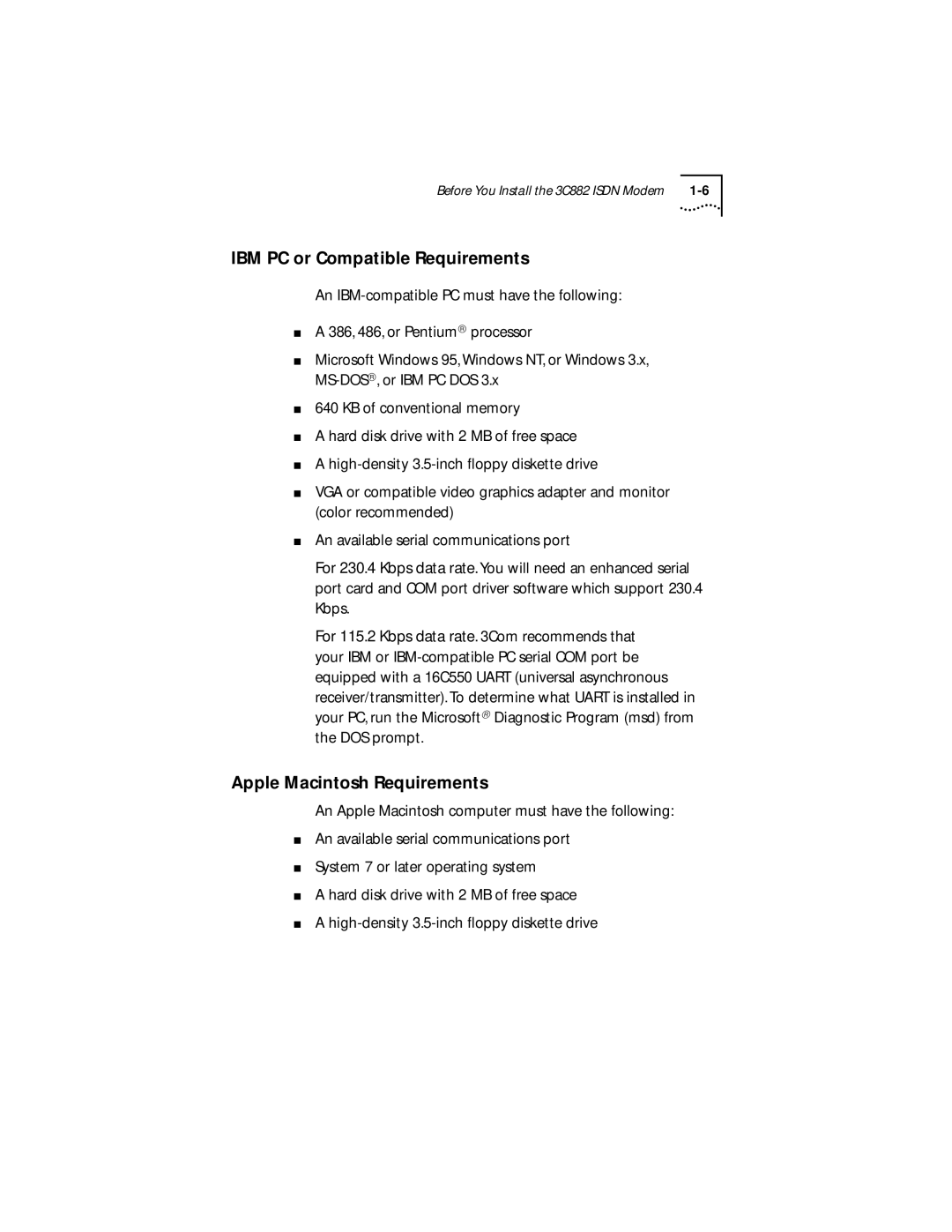 3Com 3C882 manual IBM PC or Compatible Requirements, Apple Macintosh Requirements 