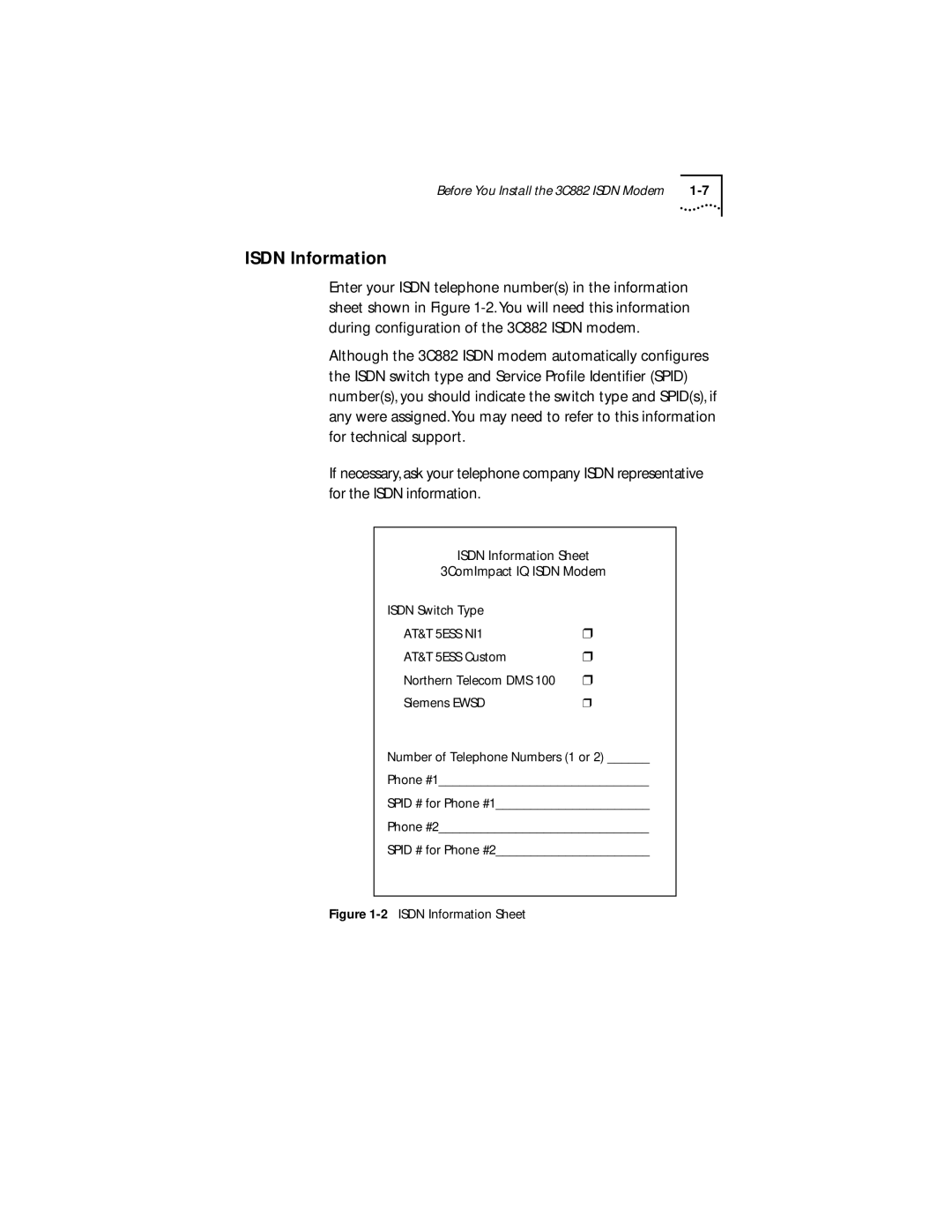 3Com 3C882 manual Isdn Information Sheet, 3ComImpact IQ Isdn Modem, Isdn Switch Type 