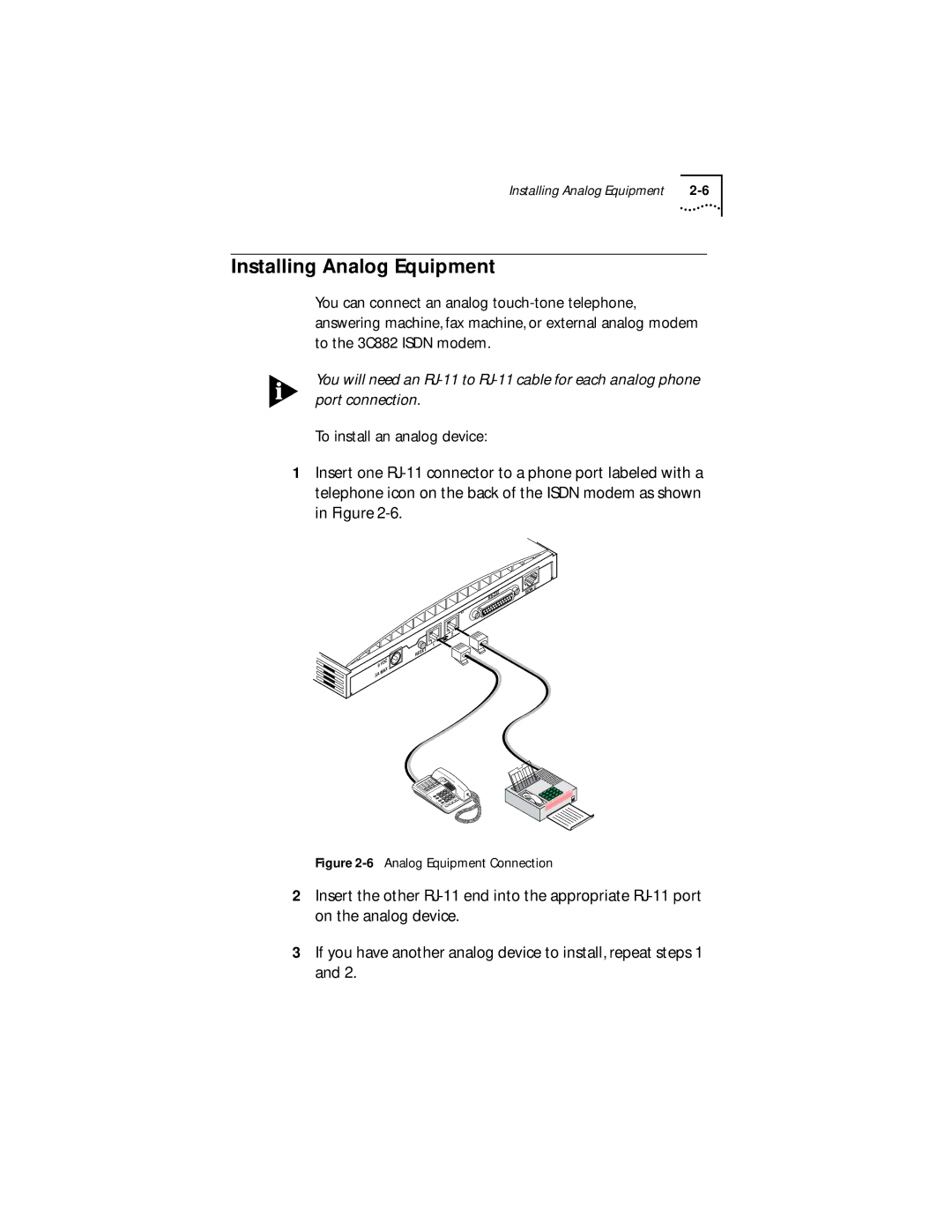 3Com 3C882 manual Installing Analog Equipment, Analog Equipment Connection 