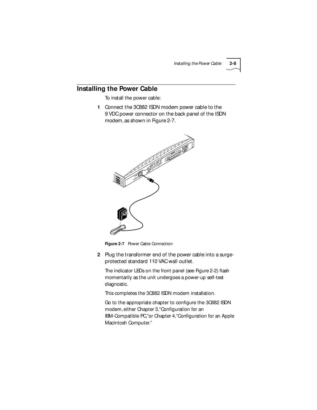 3Com 3C882 manual Installing the Power Cable, Power Cable Connection 