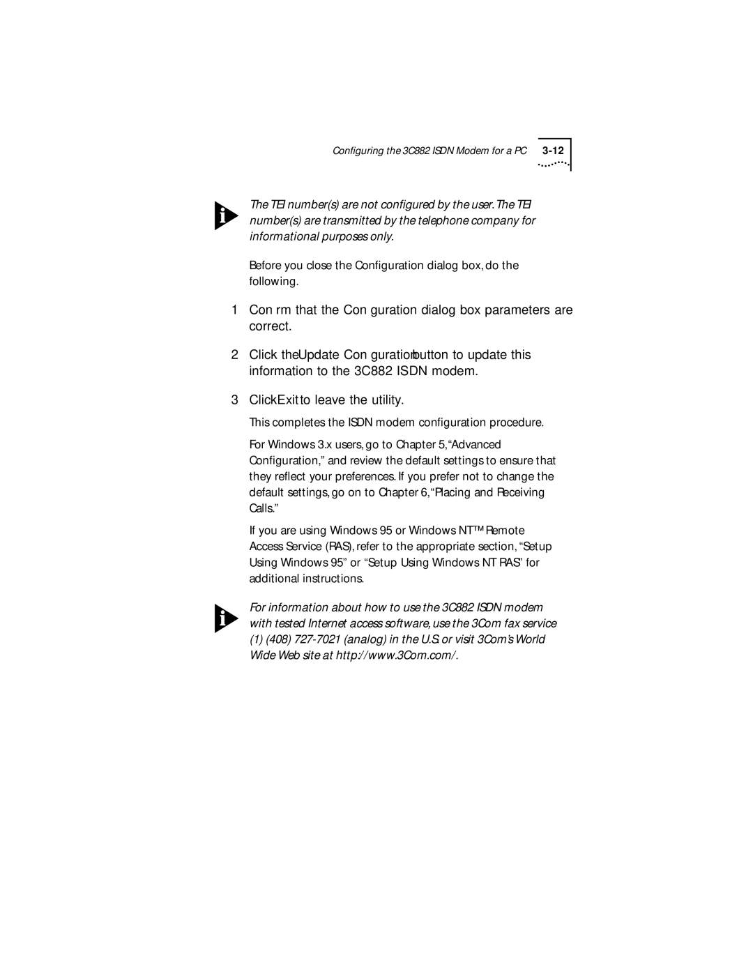 3Com manual Configuring the 3C882 Isdn Modem for a PC 