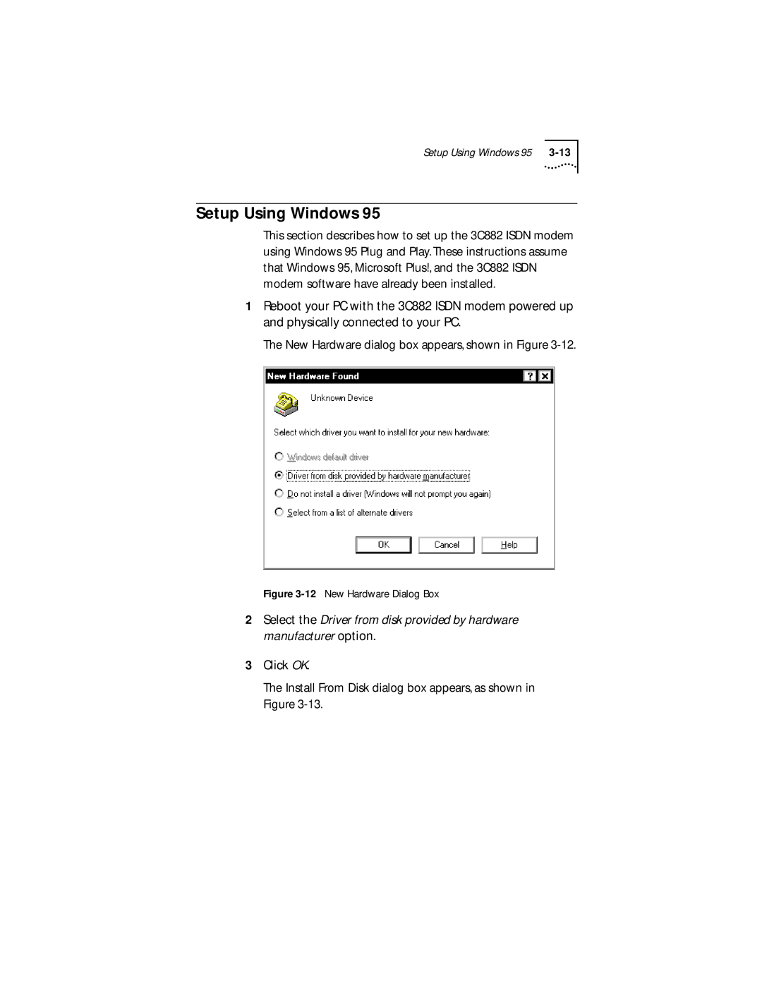 3Com 3C882 manual Setup Using Windows, New Hardware Dialog Box 