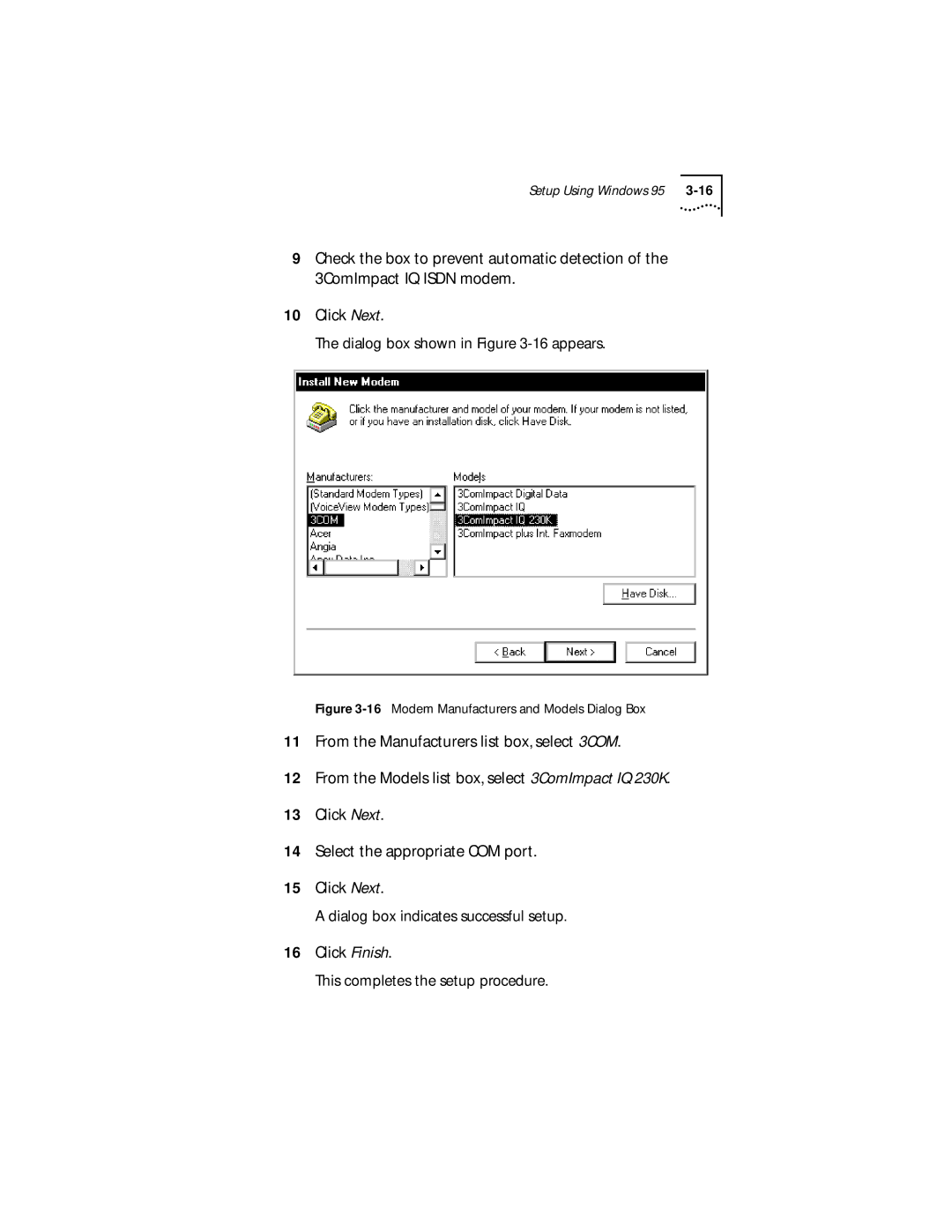 3Com 3C882 manual Modem Manufacturers and Models Dialog Box 