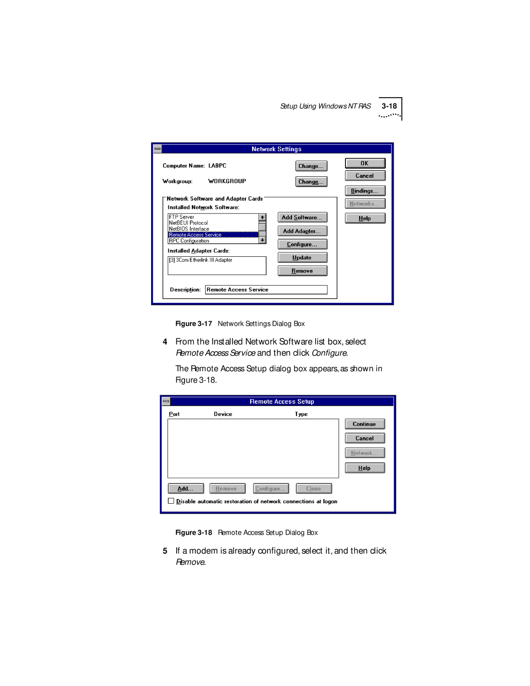 3Com 3C882 manual Network Settings Dialog Box, Remote Access Setup Dialog Box 