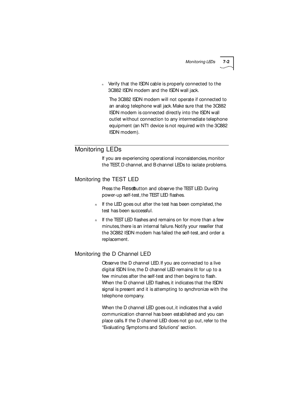 3Com 3C882 manual Monitoring LEDs, Monitoring the Test LED, Monitoring the D Channel LED 
