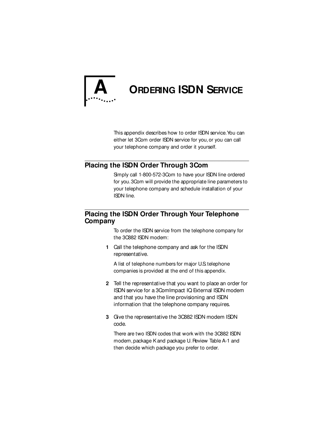 3Com 3C882 manual Ordering Isdn Service, Placing the Isdn Order Through 3Com 