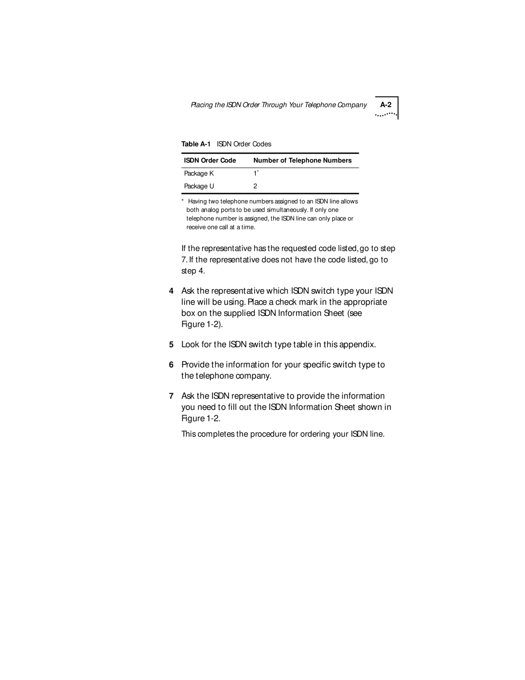 3Com 3C882 manual Table A-1 Isdn Order Codes, Number of Telephone Numbers Package K Package U 